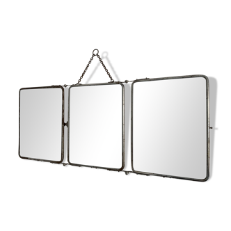 Vintage 1950 cement gray speckled barber triptych mirror - 25 x 59 cm