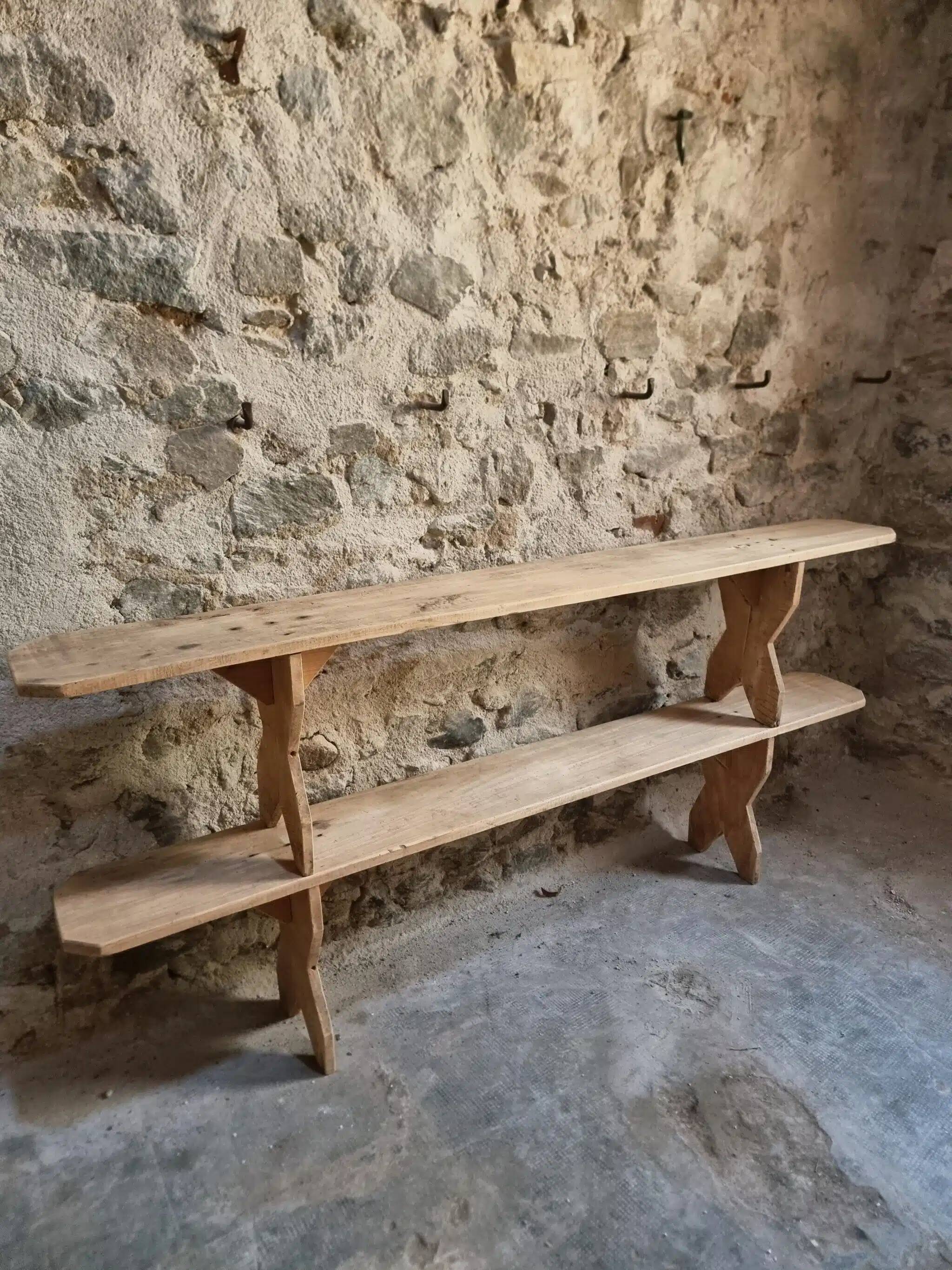 Set of 2 antique French poplar benches, consoles or shelves, circa 1900.