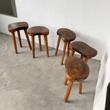 Set of 5 olive tree tripod stools from the 50s
