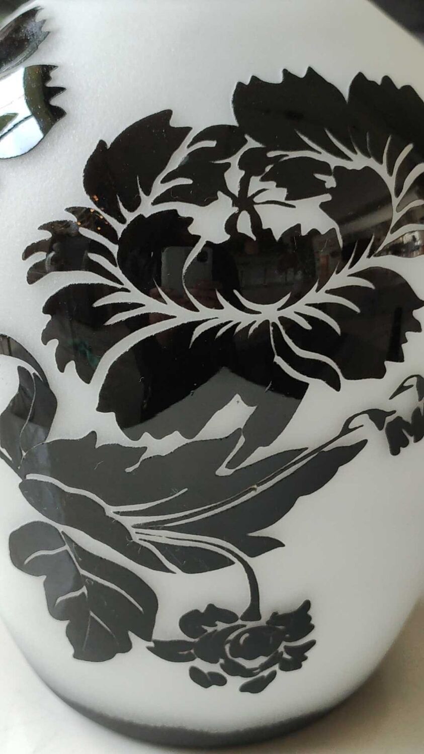 Asian-inspired opaline glass vase, with black floral motifs inclusions