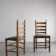 Rustic ladder-back oak chairs with embroidered seats | Netherlands | 1950s