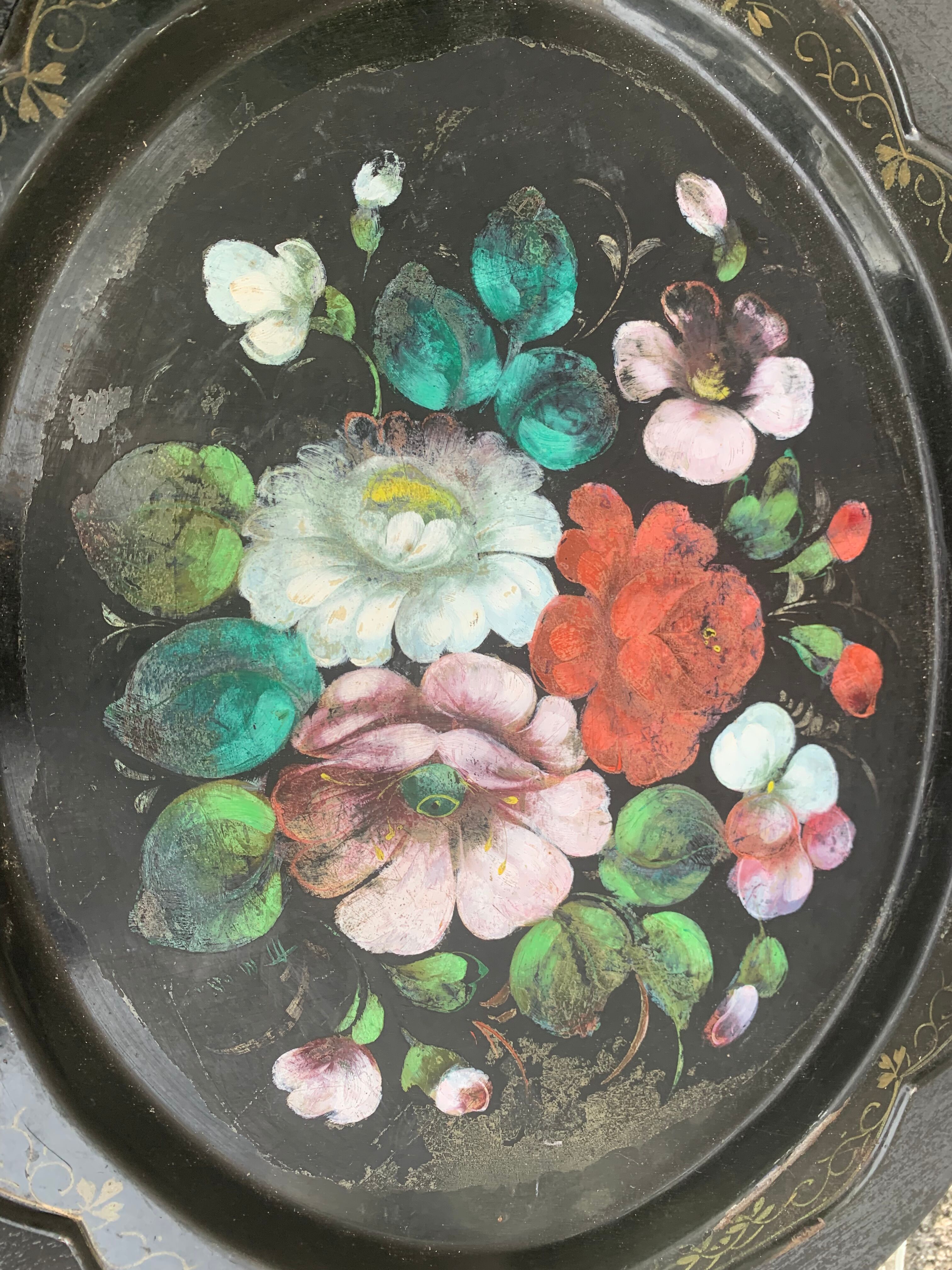 Bohemian and folkloric tray hand-painted flowers on a black metal background