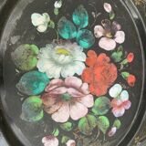 Bohemian and folkloric tray hand-painted flowers on a black metal background