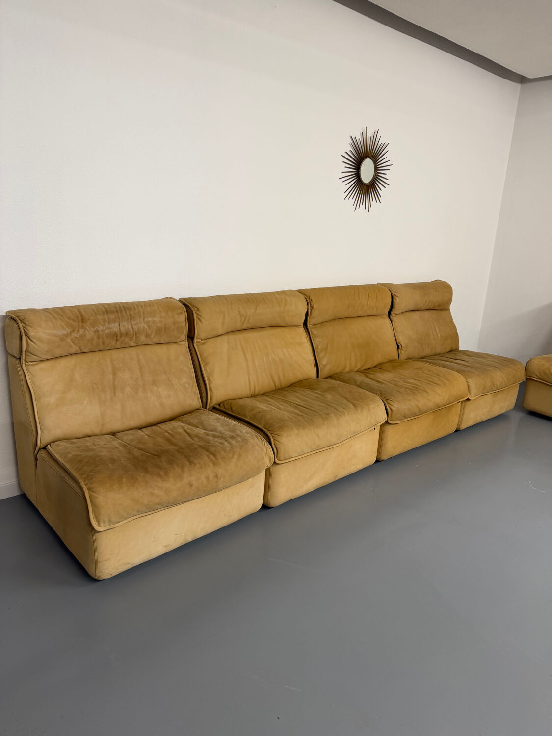 Modular camel leather sofa, 1980s vintage design.