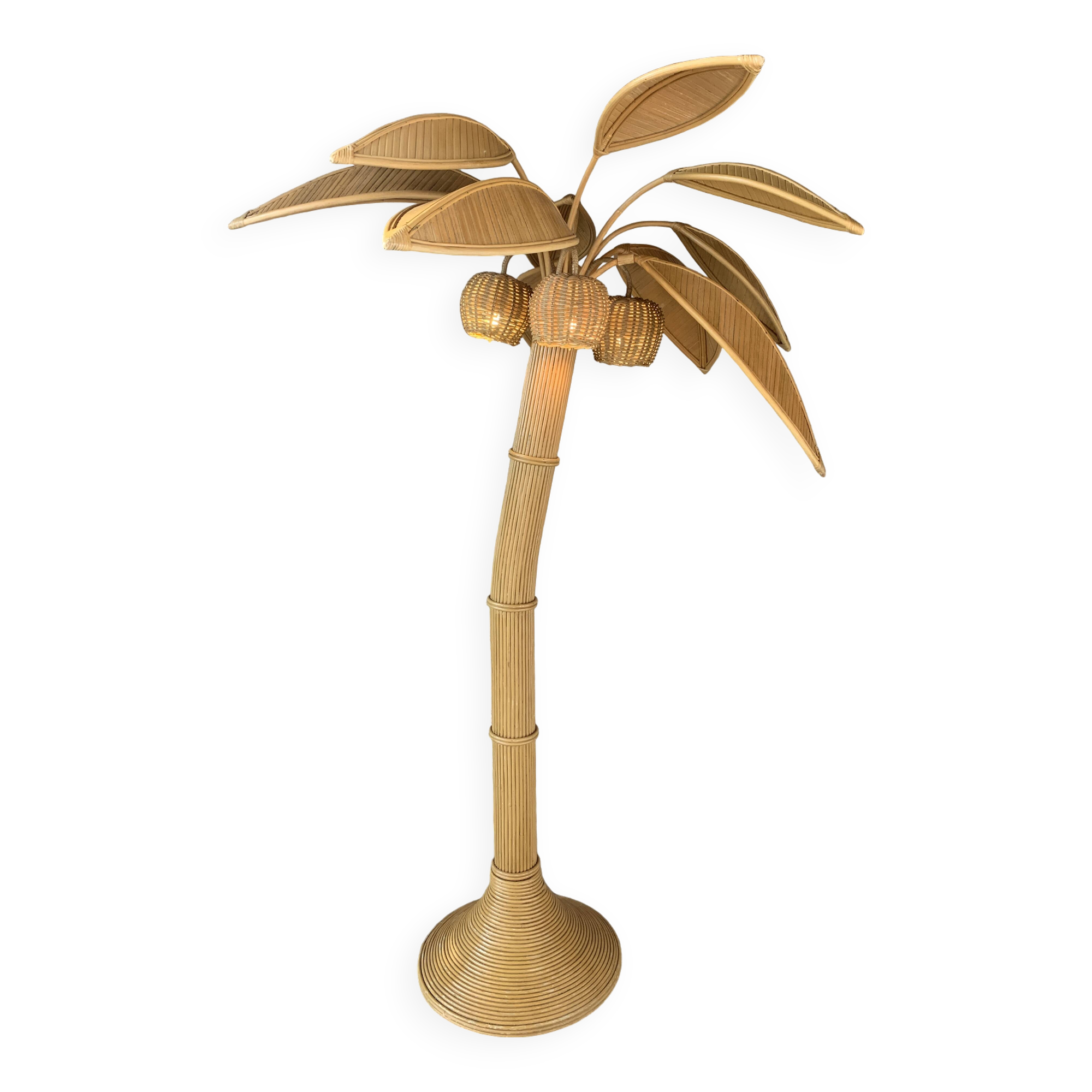 Pencil Reed rattan bamboo coconut palm tree floor lamp, Mario Lopez Torres, 1970s
