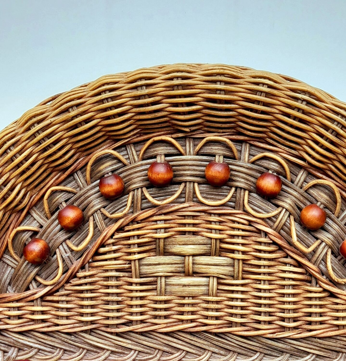 Woven wicker mirror and wooden beads 60s