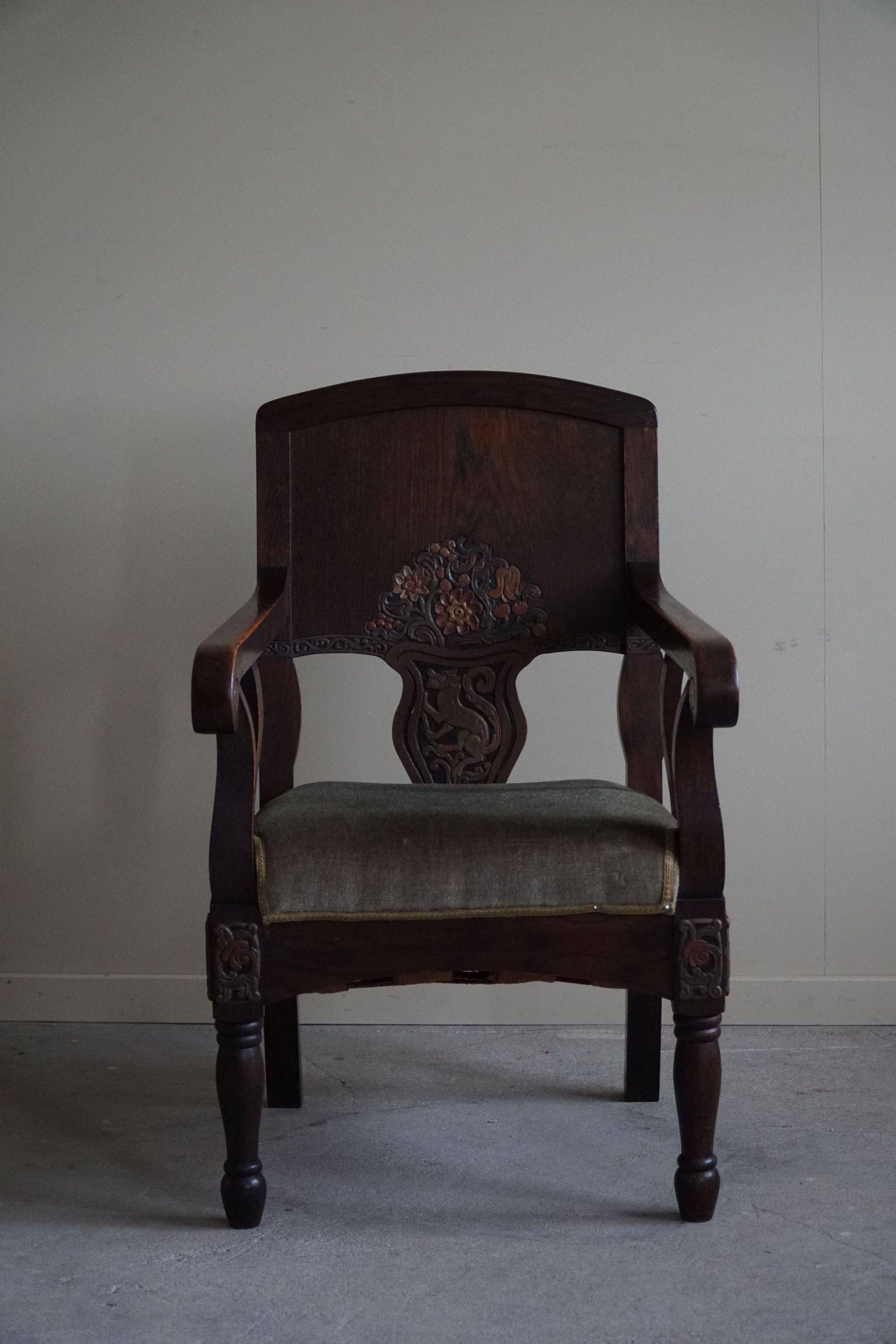 Hand-carved oak and velvet armchair, Danish furniture maker, Art Nouveau, 1939