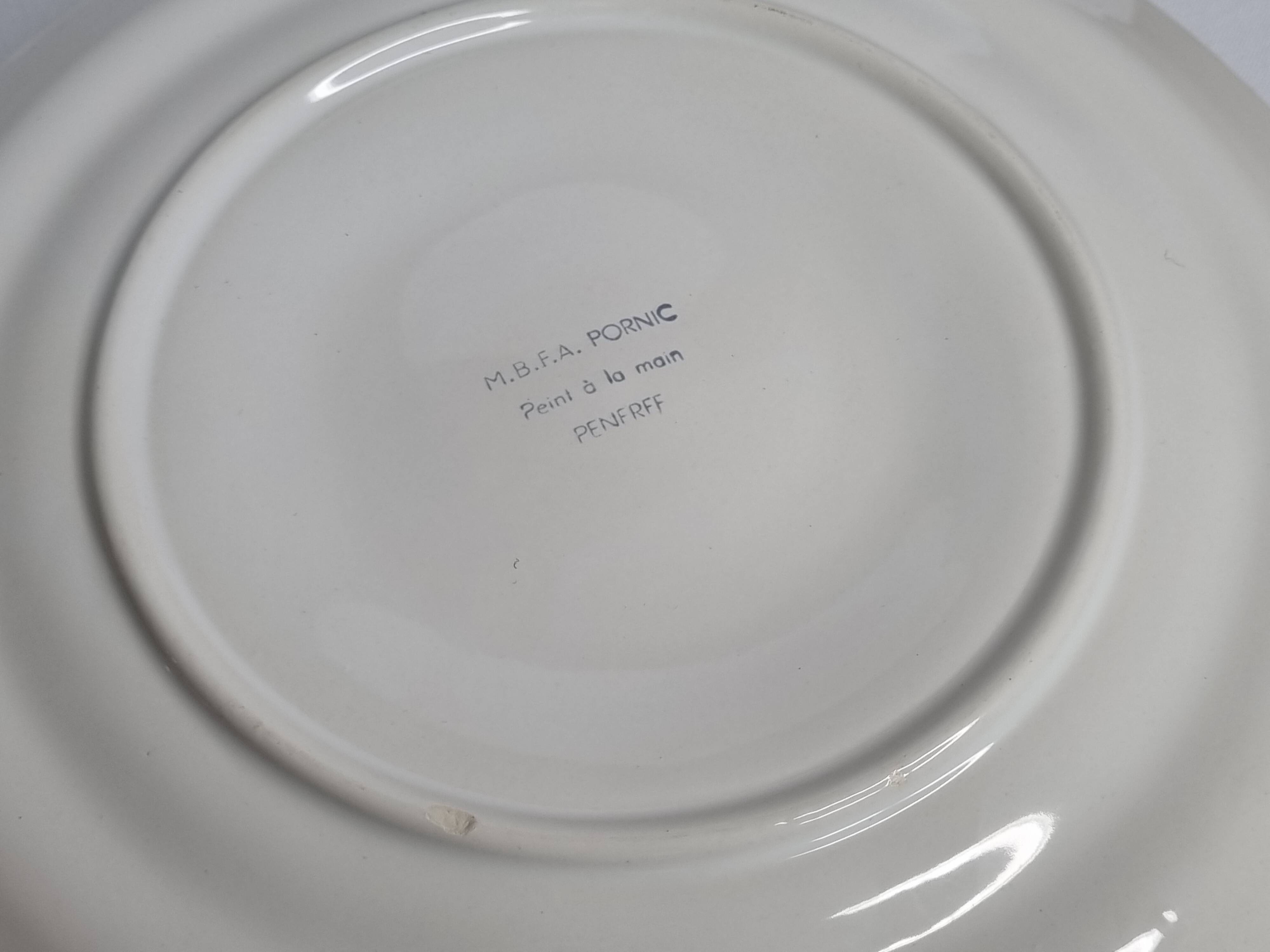 Set of 6 Pornic oyster plates, "PENEREF" model, hand painted, 25 cm