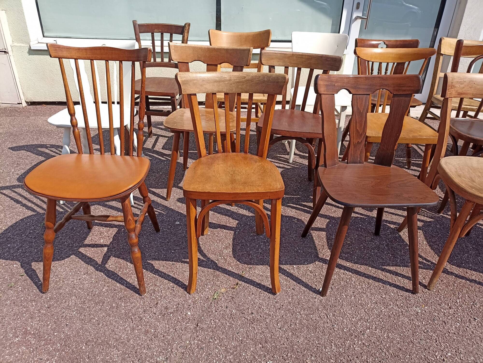 Set of 18 mismatched wooden bistro chairs - vintage