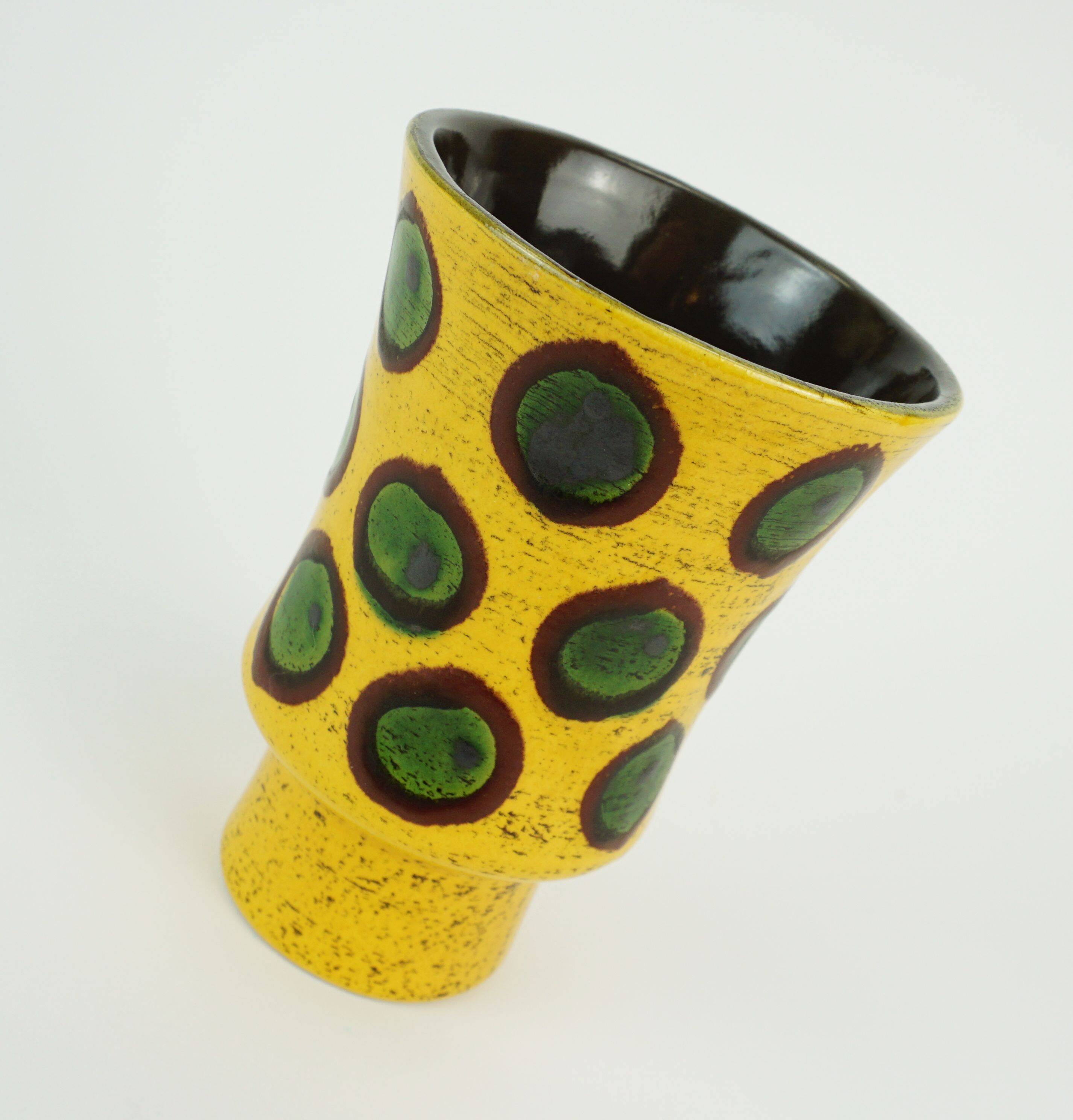colorful hand-painted strehla gdr ceramic VASE yellow brown green polka dot
