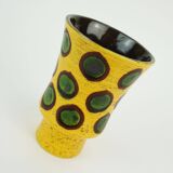 colorful hand-painted strehla gdr ceramic VASE yellow brown green polka dot