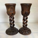 Pair of large twisted wooden candlesticks