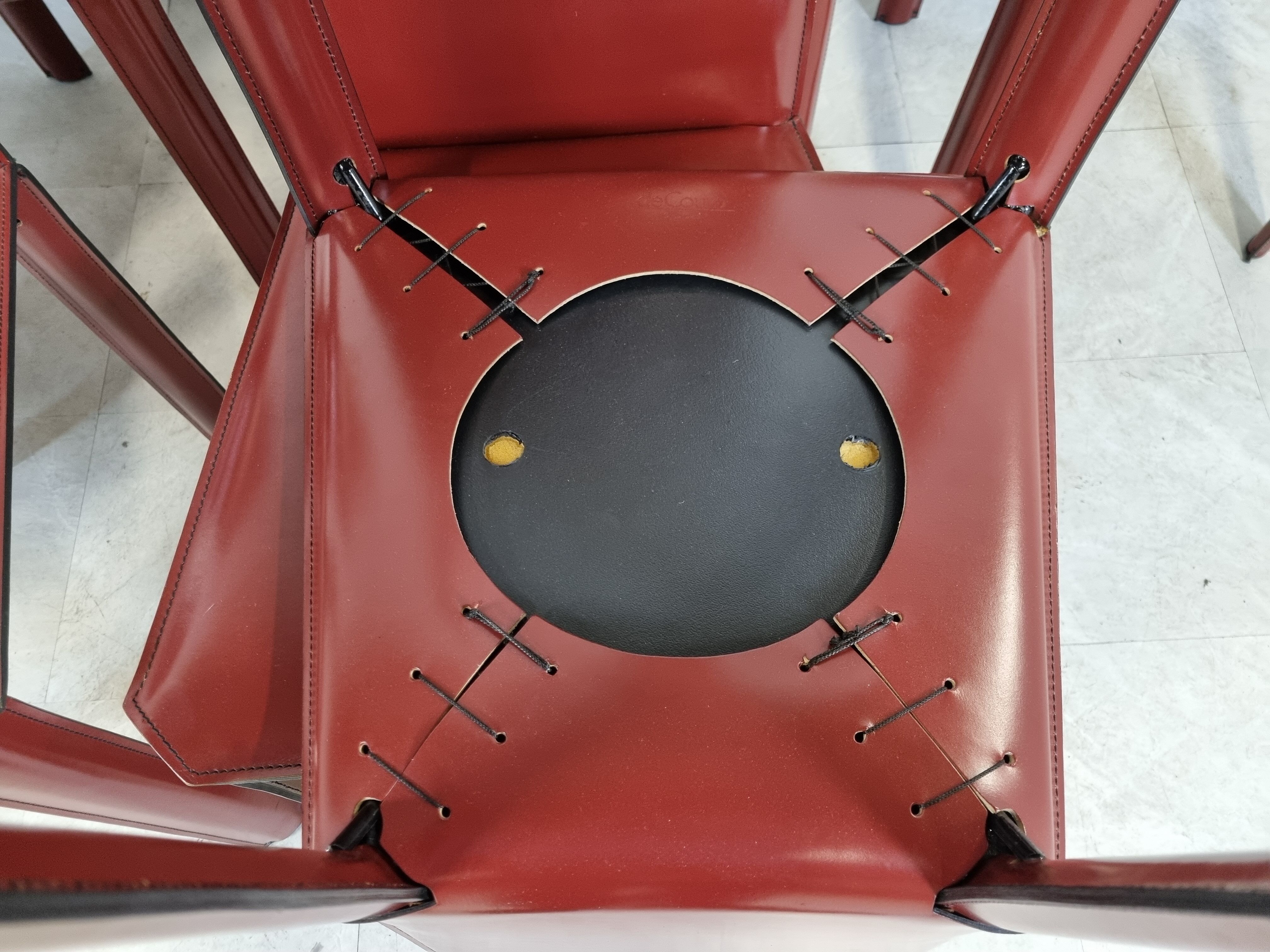 Red leather dining chairs by De Couro Brazil, 1980s - set of 8