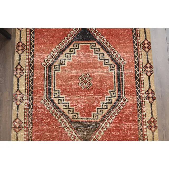1970s Vintage Turkish Oushak Handmade Wool Cotton Red Runner Rug 116x267