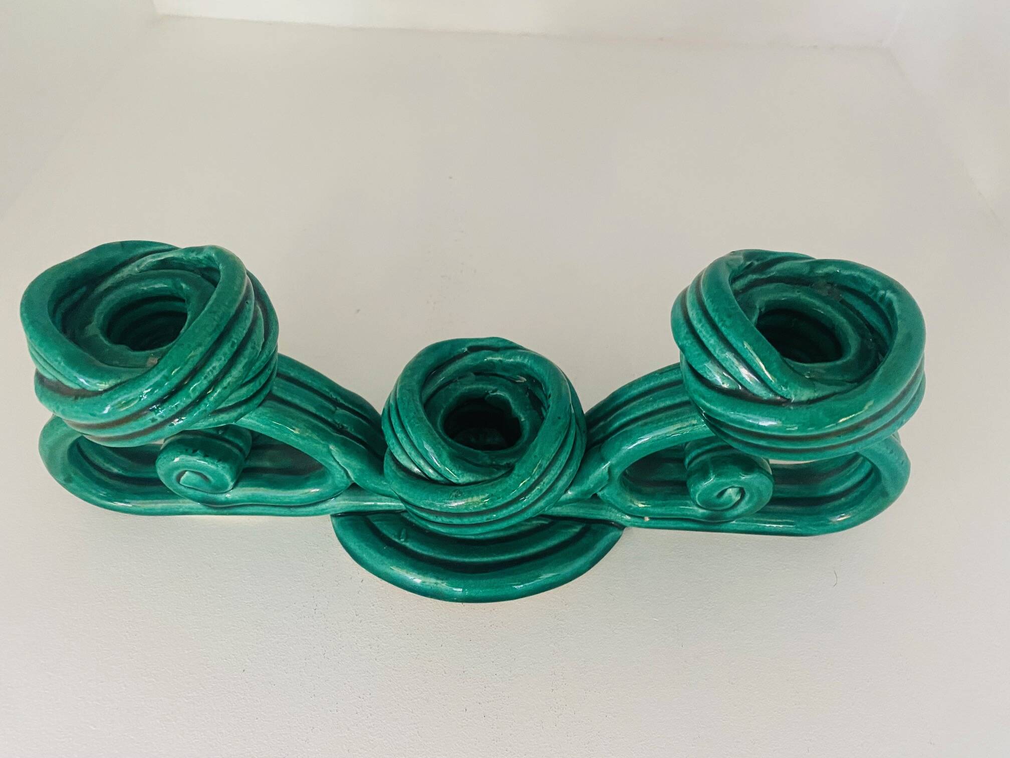 Twisted green ceramic candle holder from Vallauris 1950s