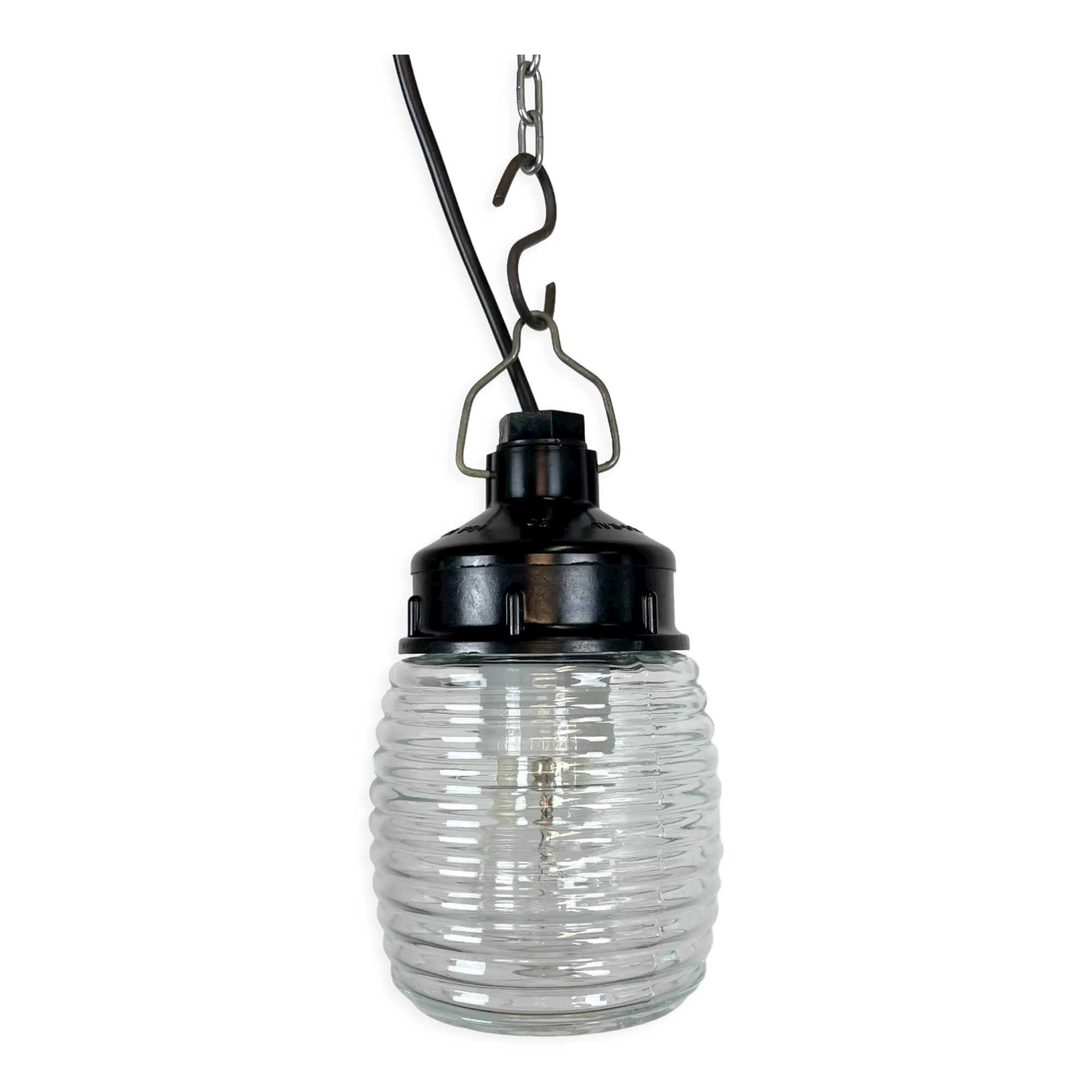 Industrial Bakelite Pendant Light with Ribbed Glass, 1970s