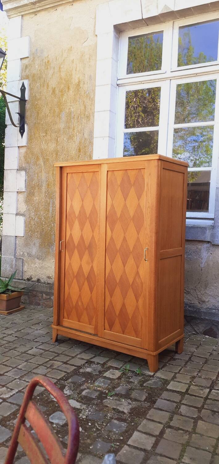 Vintage 1950s oak wardrobe with compass legs