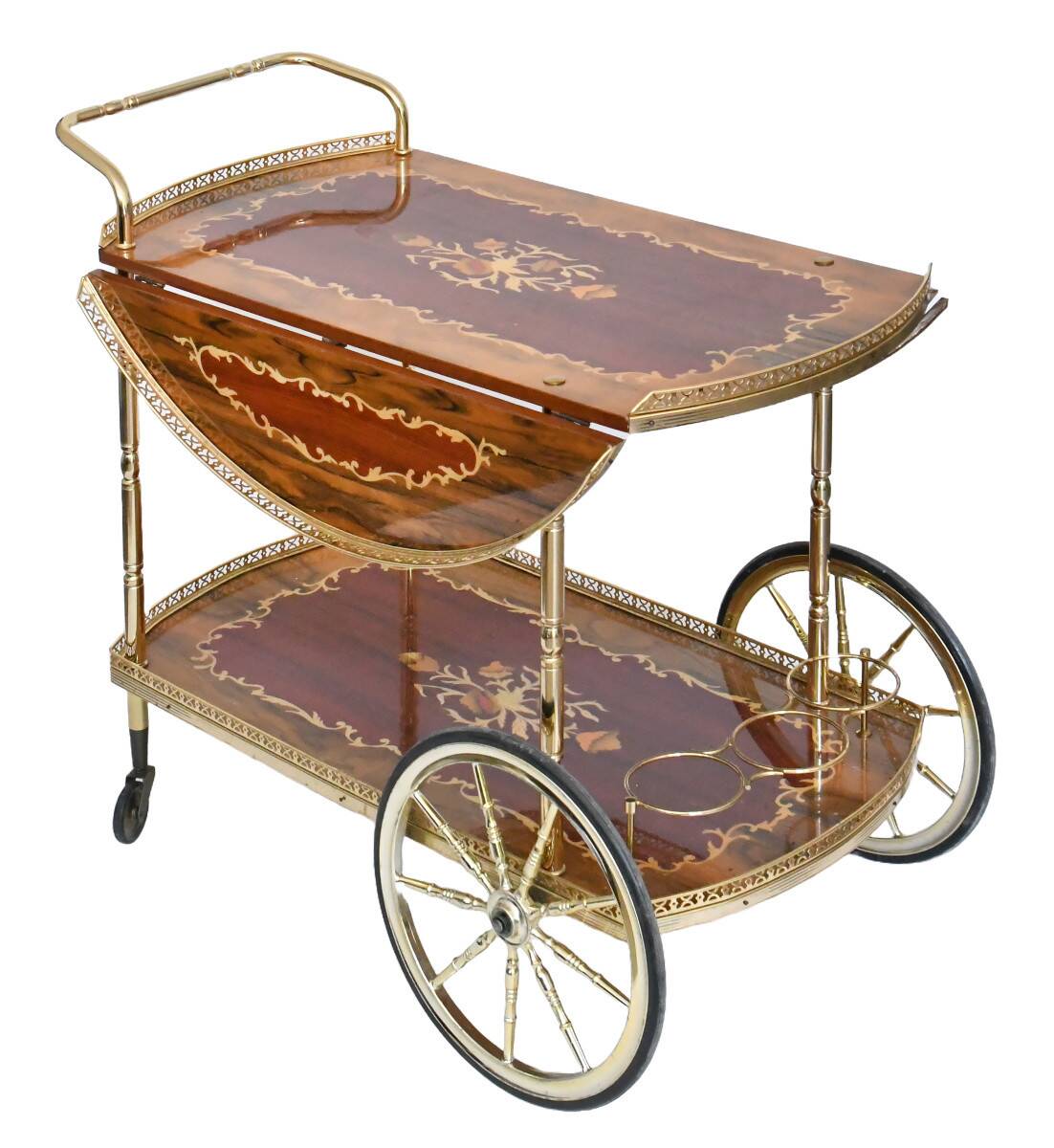 Serving table and rolling bar with drop leaves featuring floral marquetry decoration.