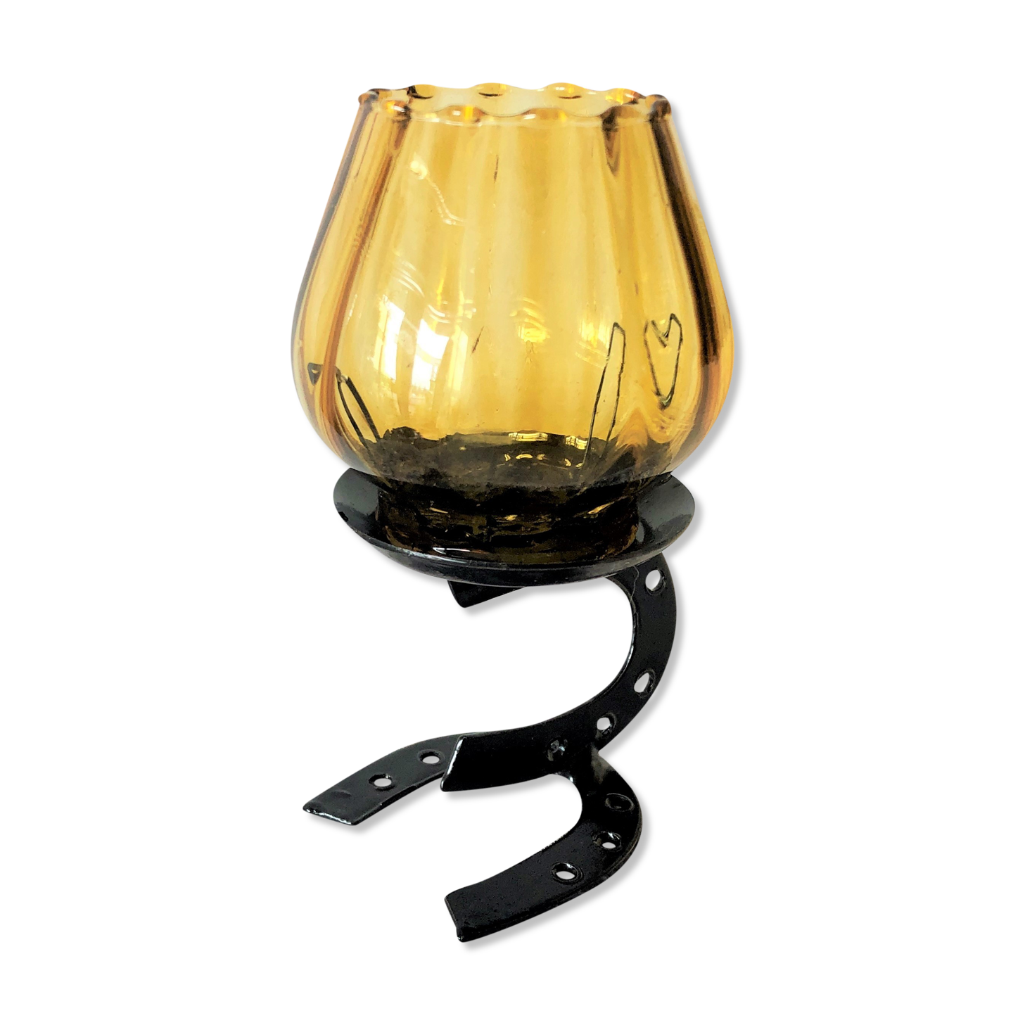 Candle holder photophore metal horseshoe and vintage amber glass