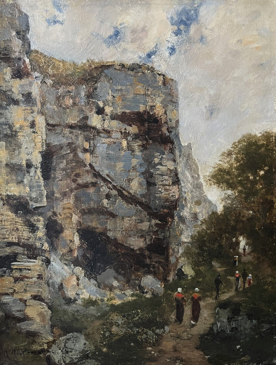 Charles Montlevault (1835-1897) Walkers along a cliff, Oil on canvas signed