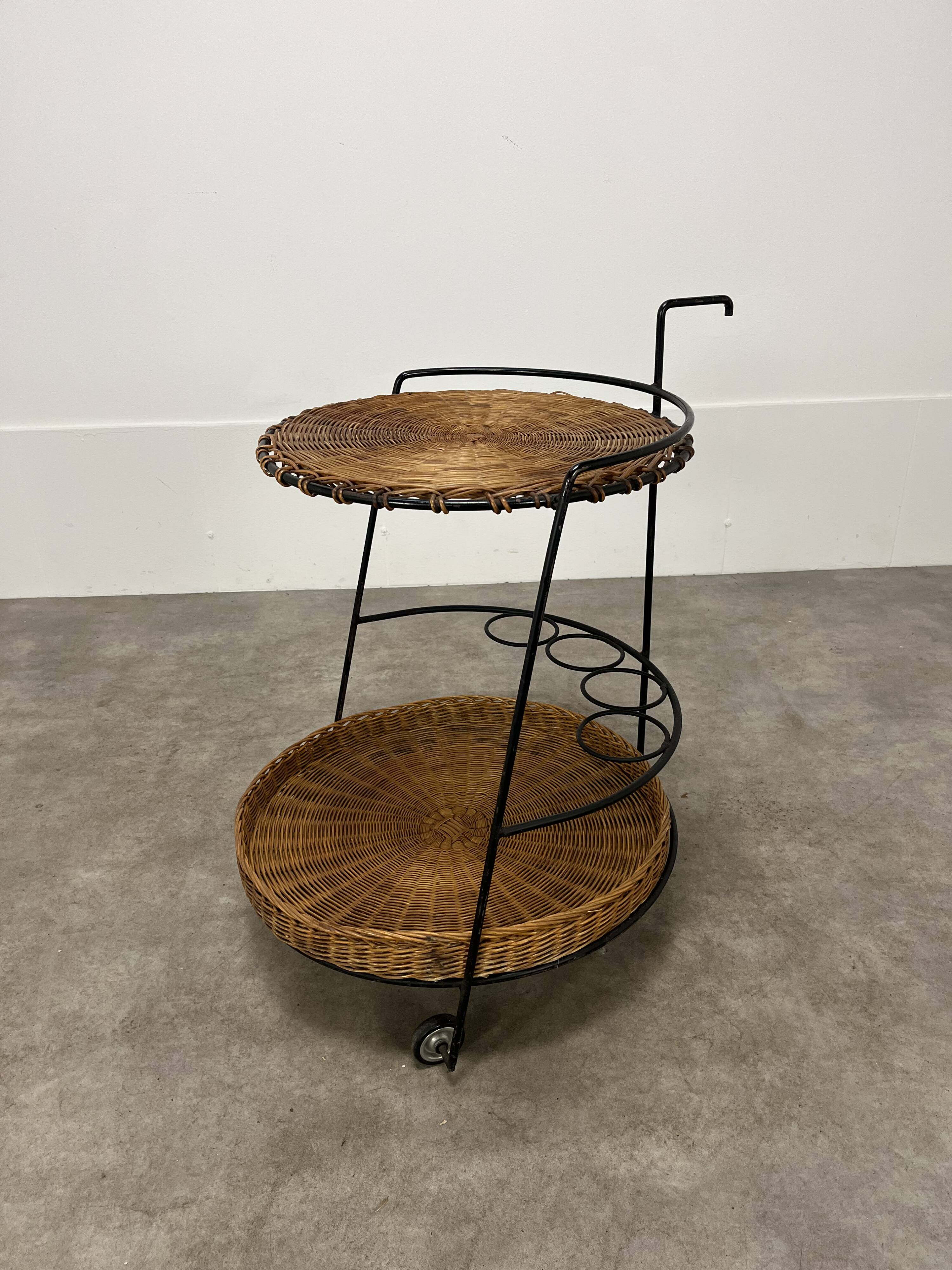 Raoul Guys style metal and rattan serving trolley from the 50s