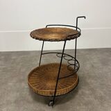 Raoul Guys style metal and rattan serving trolley from the 50s
