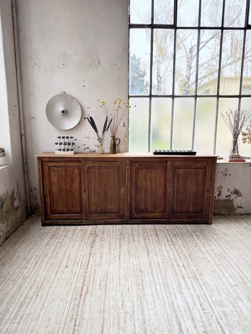 XL oak workshop sideboard with sliding doors from 1900
