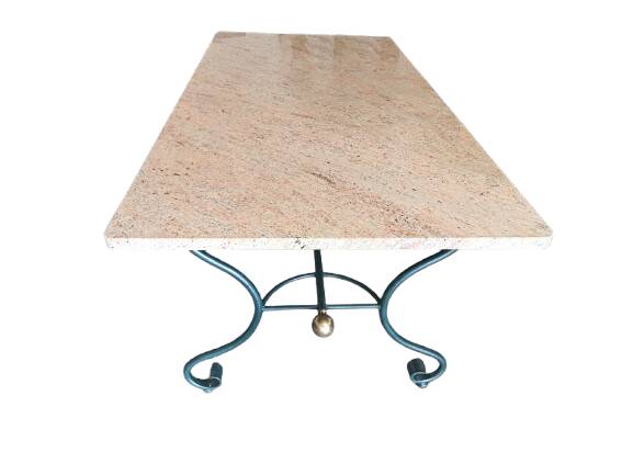 Table de jardin haut de gamme en granit Shivakashi et fer forgé Montségur