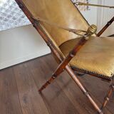 Vintage Faux bamboo, leather campaign folding chair by Maison Jansen, 1950s