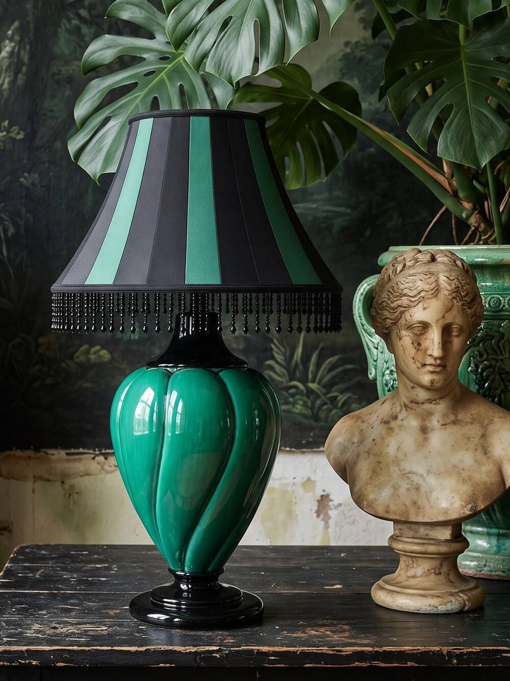 Large vintage Mathias lamp in green and black ceramic, 1970s.