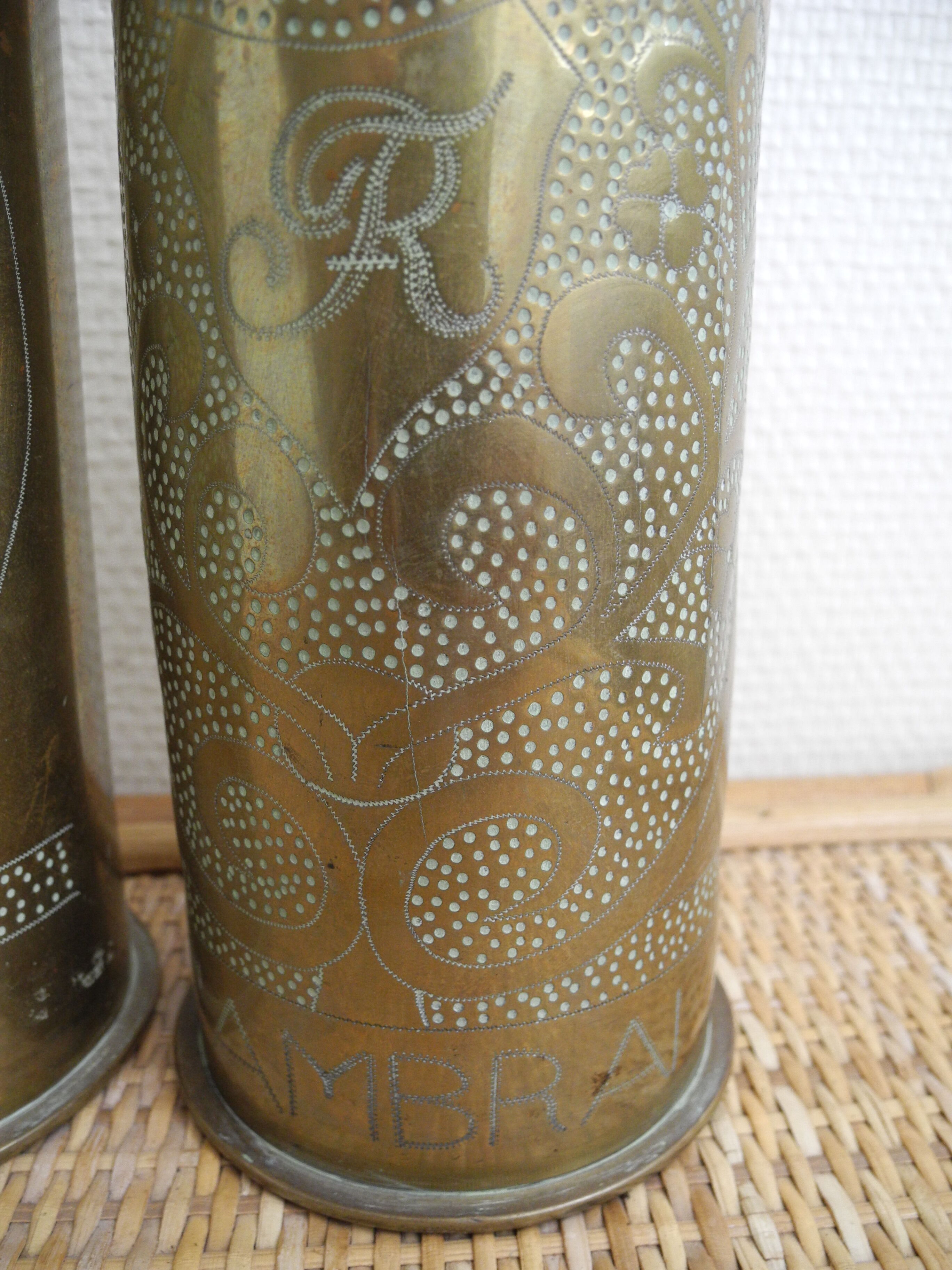 Pair of vases with engraved shell casings, WW1 trench art