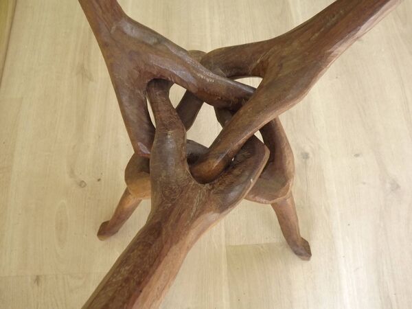 Carved African Hardwood Occasional Table Geometric Top & Interlocking Legs