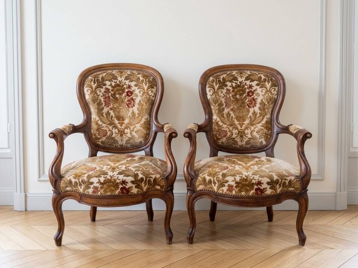 Pair of Louis XV armchairs in wood and floral fabric.