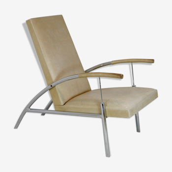 Fauteuil acier tubulaire et cuir "crème", France, circa 1970