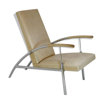 Fauteuil acier tubulaire et cuir "crème", France, circa 1970