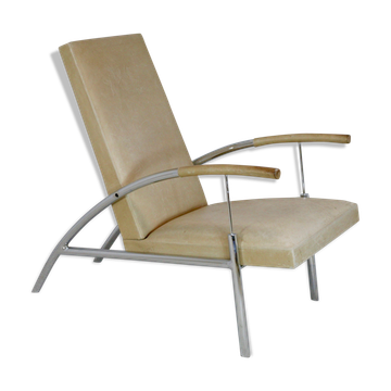 Fauteuil acier tubulaire et cuir "crème", France, circa 1970
