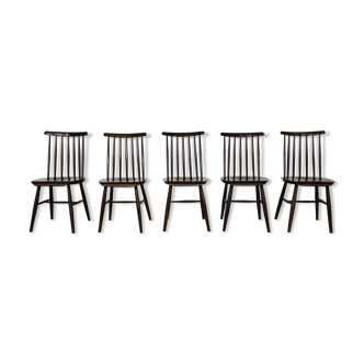 Set of 5 brown wooden spindle back chairs, Pastoe Tapiovaara