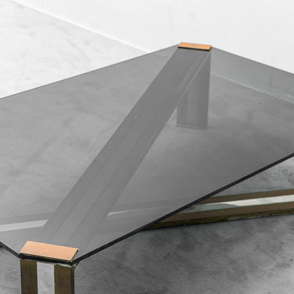 Vintage smoked glass and brass coffee table, 1970s modernism