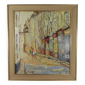 Painting of a street in (probably) Paris, 1950s