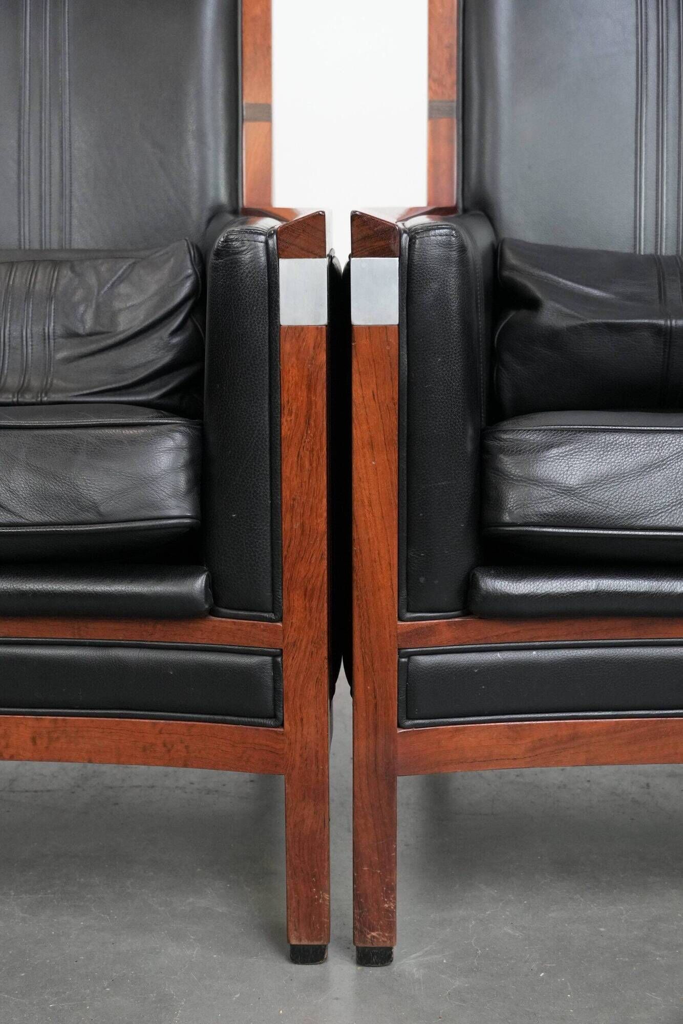 Beautiful set of 2 black cow leather Art Deco design armchairs with high back