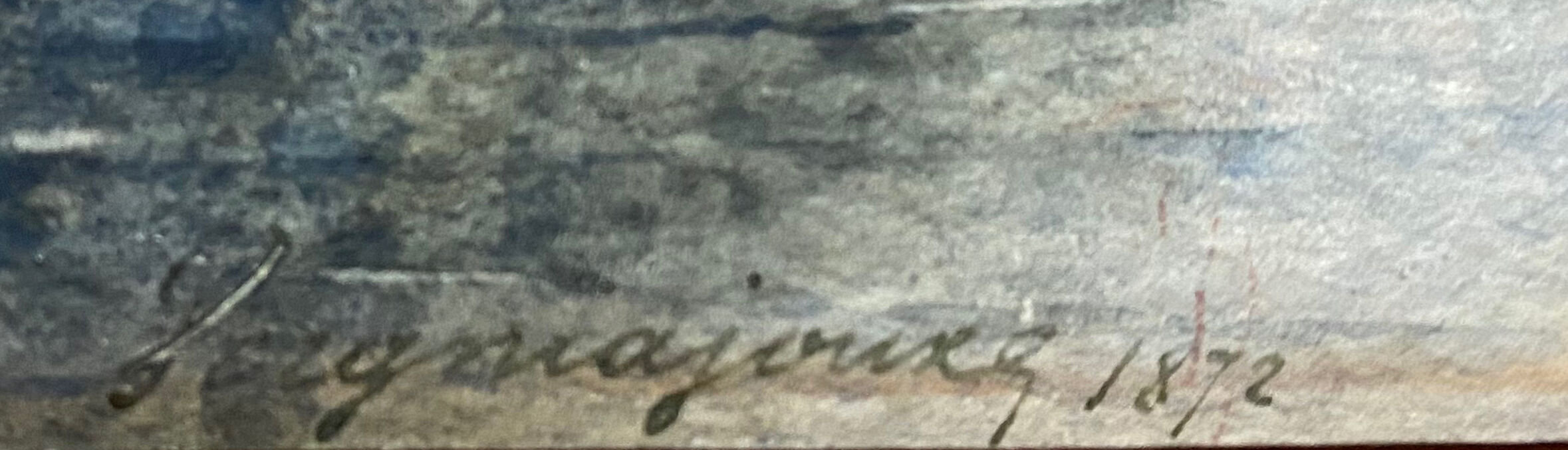 Watercolor painting 1872 "Riverside with fisherman" signed to decipher