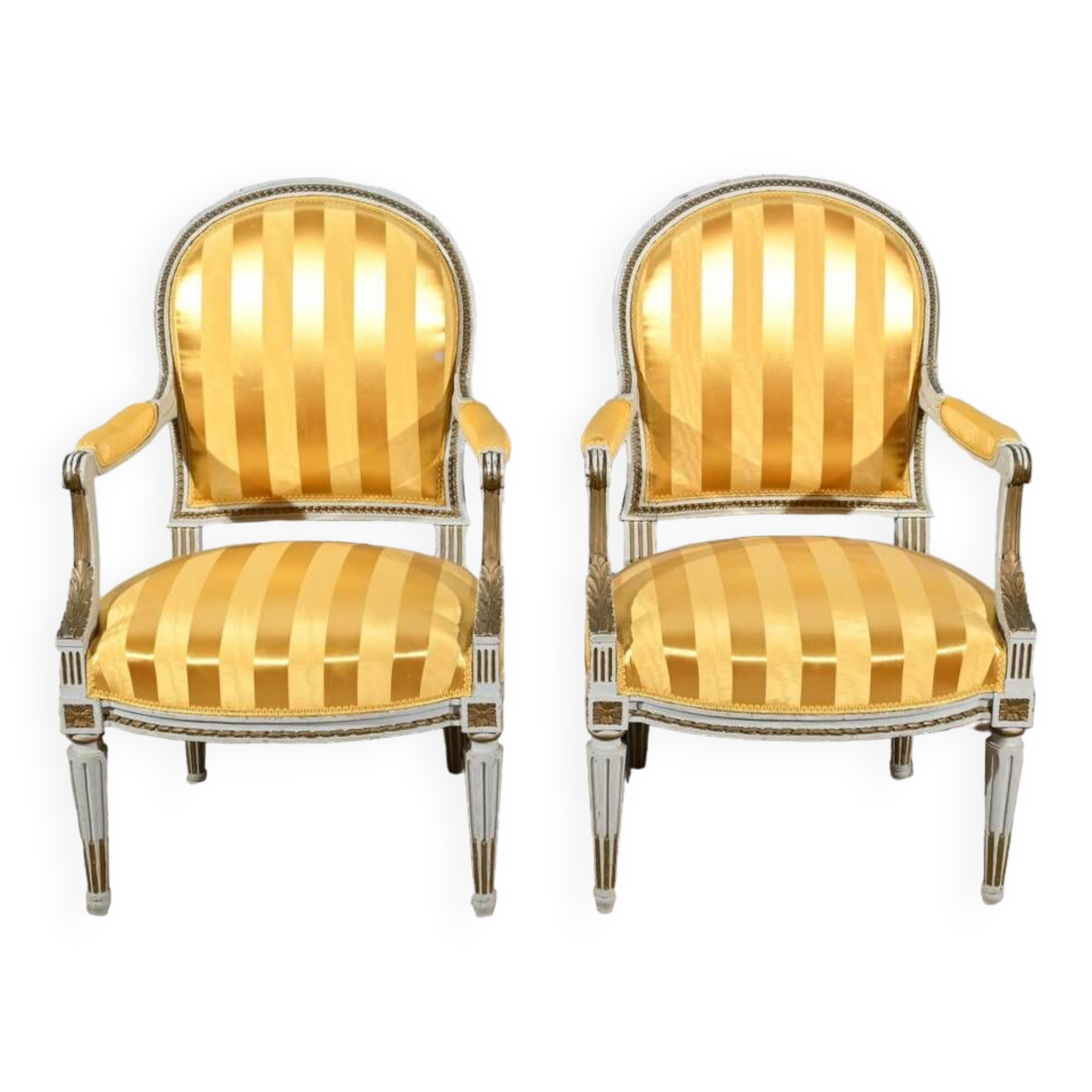 Pair of Cabriolet Armchairs, in rechampi wood, Louis XVI style – Late 19th century