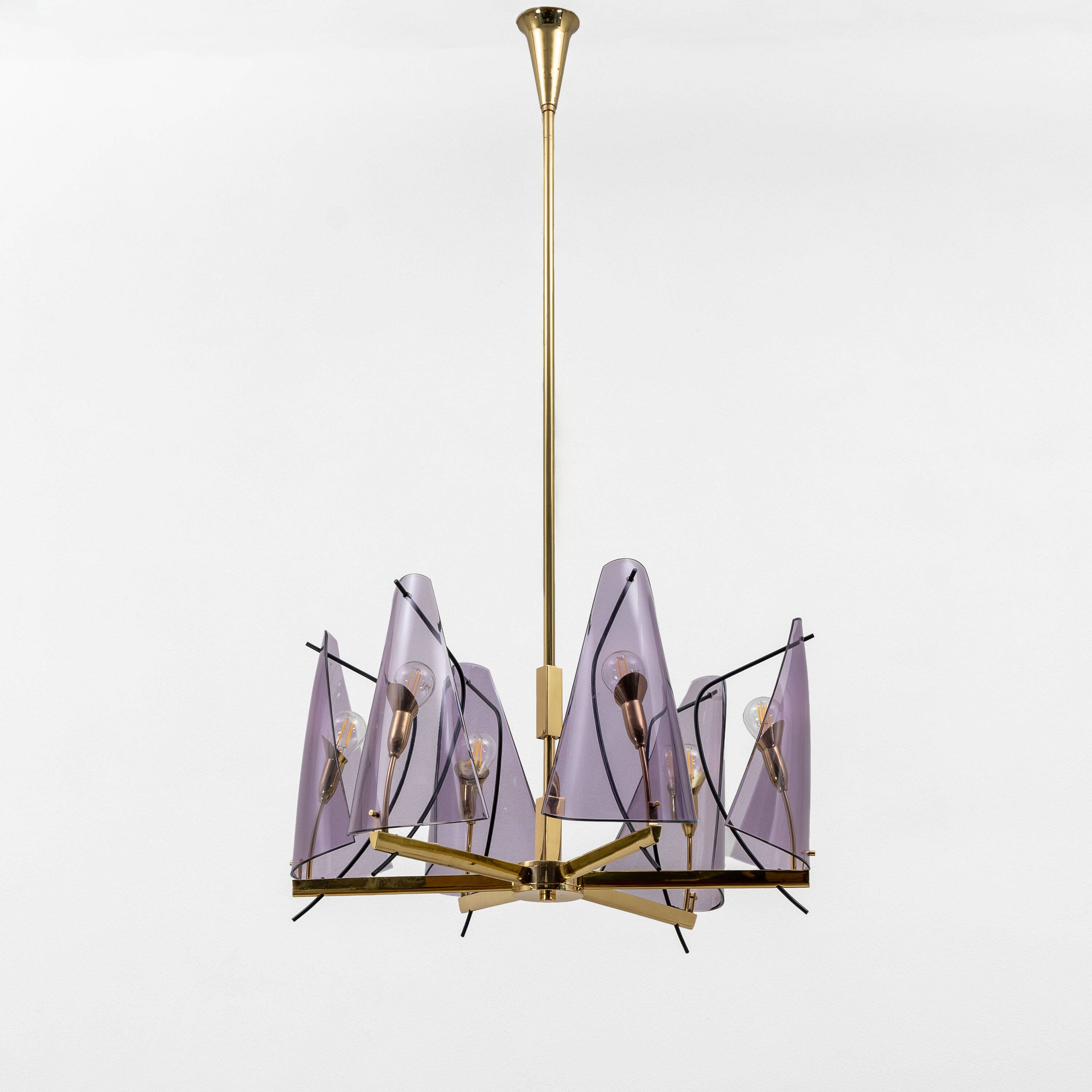 Italian Mid-Century Stilux Milano Chandelier in Brass and Purple Plexiglass