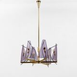 Italian Mid-Century Stilux Milano Chandelier in Brass and Purple Plexiglass