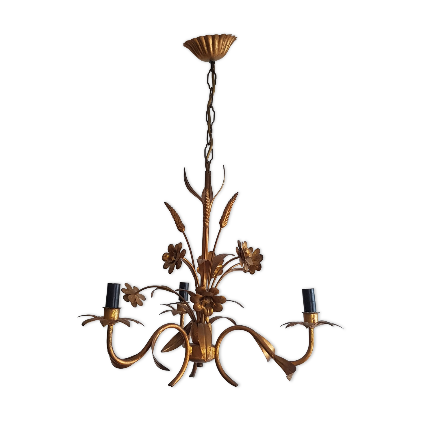 Gold metal chandelier with ear of wheat decor