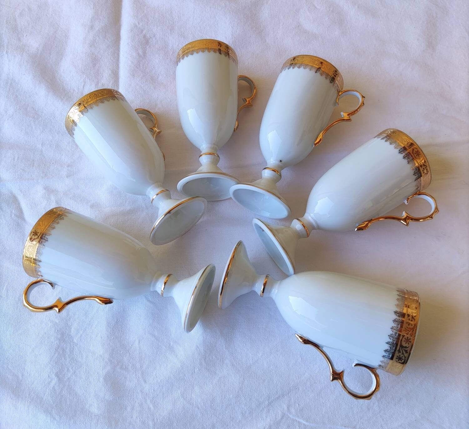 6 tall cups - Empire style - white and gold Limoges porcelain
