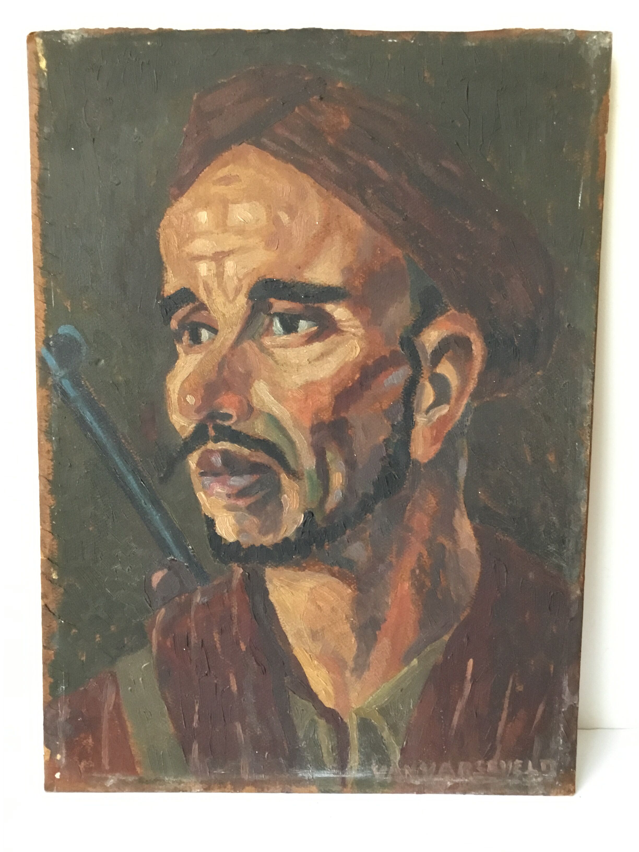 Portrait oil on wood man with the gun