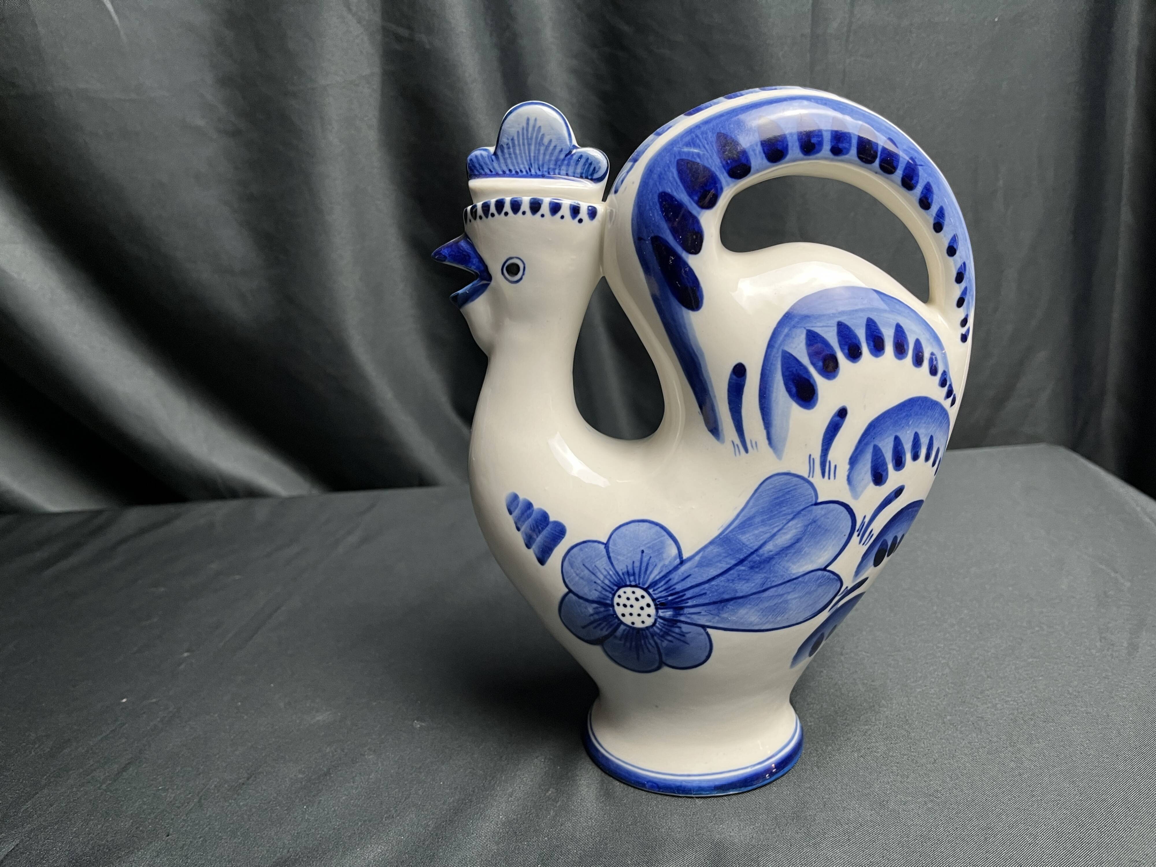 Pitcher bottle hen earthenware white blue USSR 20th century