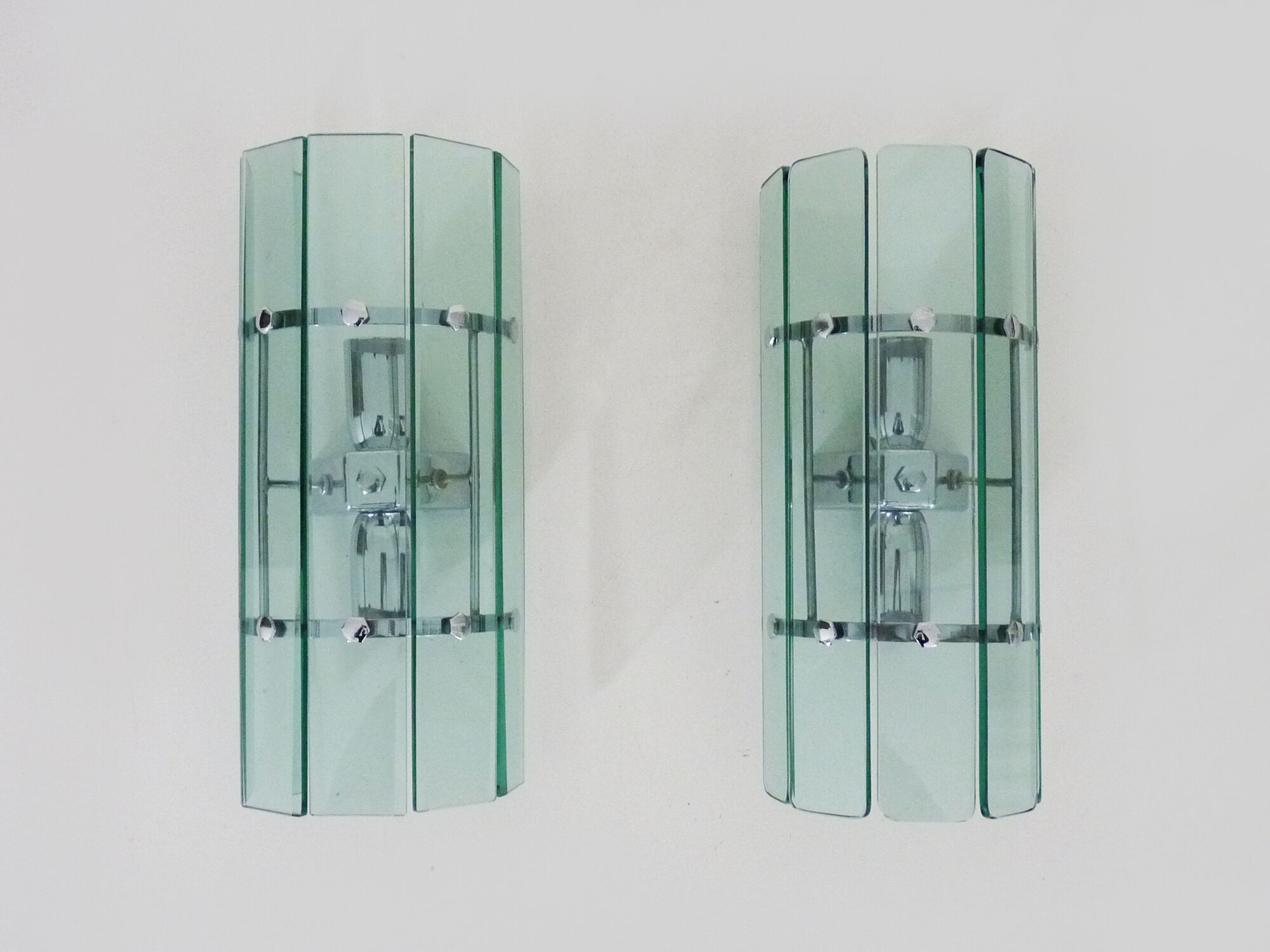 Pair of Italian Veca wall lamps in bluish glass, chrome, double lights