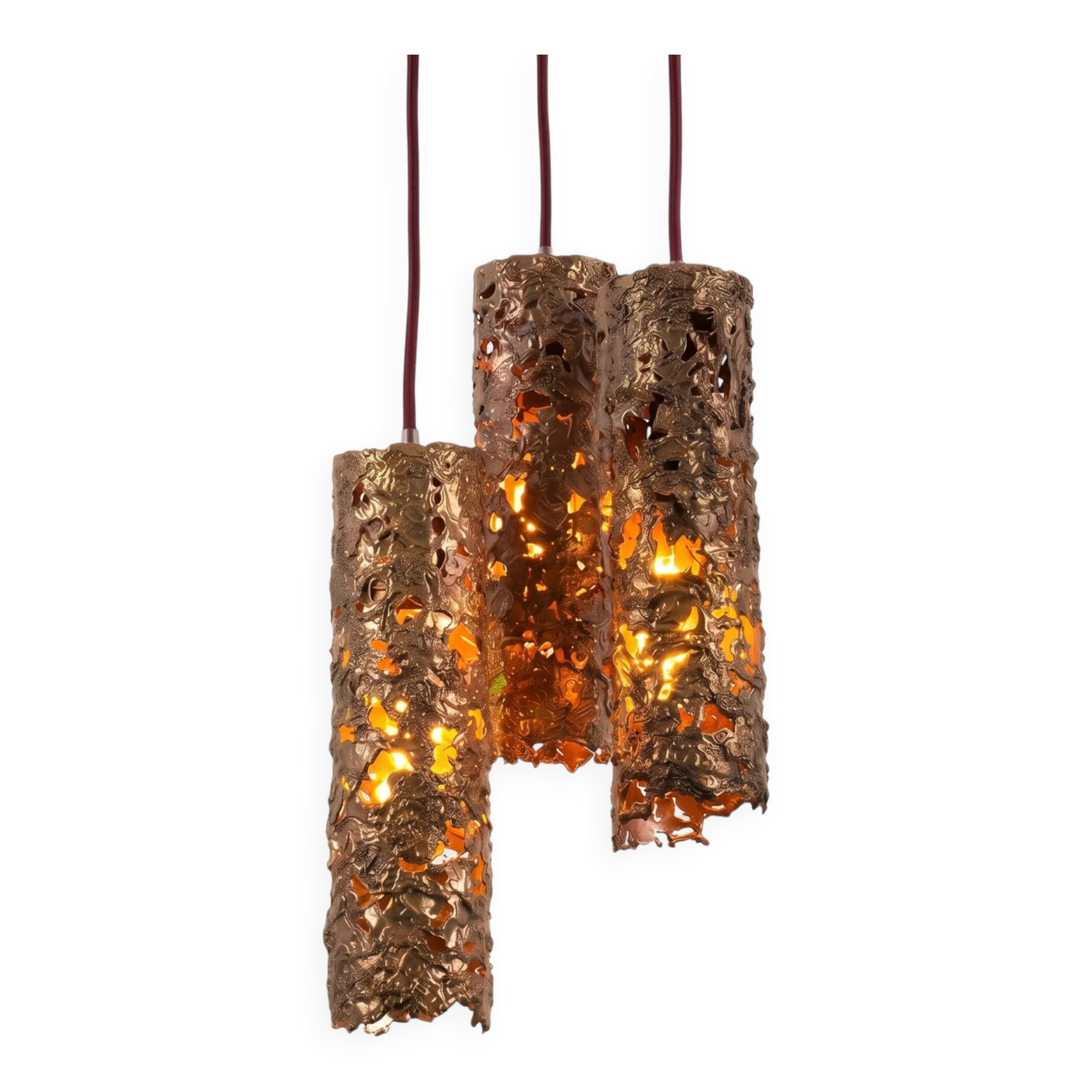 Suspension composed of 3 brutalist copper lamps by Aimo Tukiainen, 1960s.